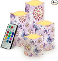 Purple Butterfly Floral Plastic Flameless Candles with Remote Control and Timer LED Flickering Battery Electric Pillar Candles for Table Home Decoration