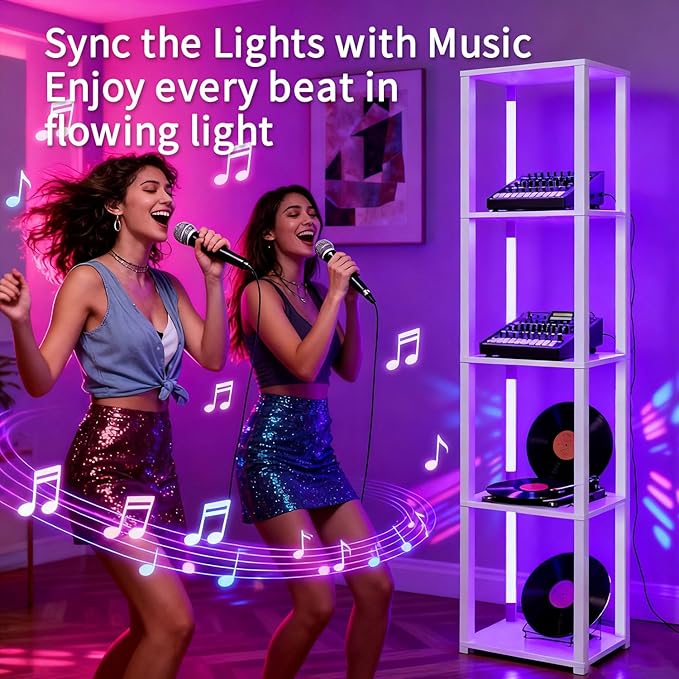 RGBCW Floor Lamp with Shelves, Smart Modern Floor Lamp with Music Sync, Color Changing Corner Display Shelf Lamp, Dimmable Standing Lamp for Living Room and Bedroom, Office, White