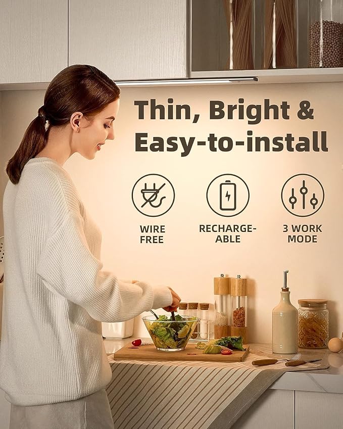 12" LED Cabinet Light with Motion & Light Sensor, Pack of 2 Rechargeable Under Cabinet Lighting, 3 Color Modes 3000K/4500K/6000K, 62 LEDs, 150LM, USB, 2200mAh Battery, Wireless Closet Light