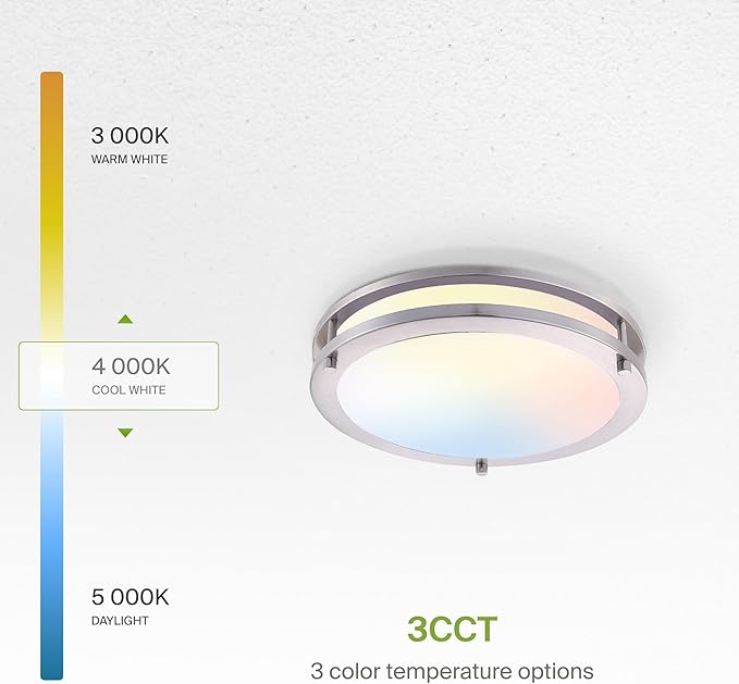 ASD LED 12" Round Flush Mount Lighting, Close to Ceiling Light Fixture | 3CCT, Dimmable, Energy Star, ETL Listed | 20W 1580LM 3000-5000K 100-277V | Low Profile Double Ring Lamp | Nickel