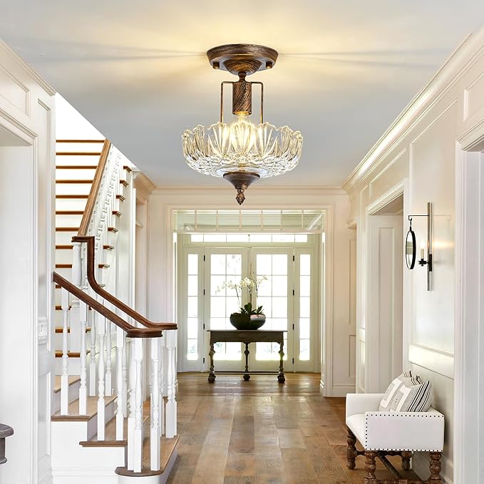 UOFUS Glass Ceiling Light Fixture Vintage Small Semi Flush Mount Chandelier Oil Rubbed Bronze Mini E26 Ceiling Lamp for Hallway Bedroom Bathroom Closet