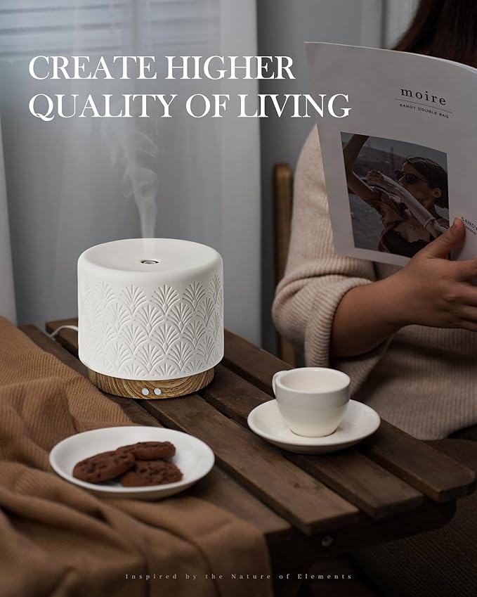 Essential Oil Diffuser -280ml Ceramic Diffuser for Large Room&Commercial Use, 2.4MHz Cool Mist Humidifier & Independent Decorative Light & Aromatherapy Diffuser, Pulse&Continuous Mist, Timer, Auto-Off
