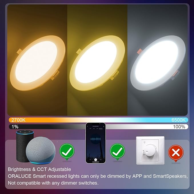ORALUCE Smart Recessed Lighting 6 Inch, WiFi＆Bluetooth Color Changing Retrofit LED Can Lights, 13W 1050LM RGBCW 2700-6500K Ultra-Thin Wafer Lights Compatible with Alexa/Google Assistant, 1Pack