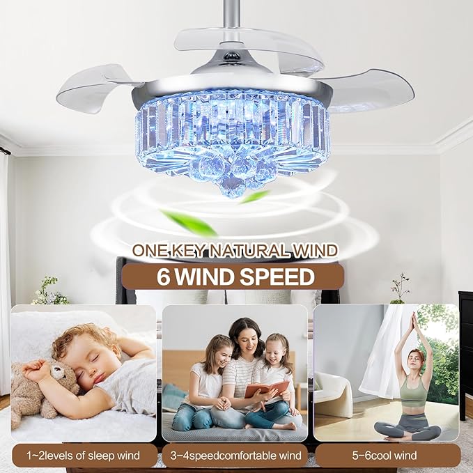 30" Retractable Crystal Ceiling Fan with Light, RGB Modern Fandelier 6 Speeds Reversible Blades Dimmable Chandelier Ceiling Fan with Remote App Control Memory Timer Silver