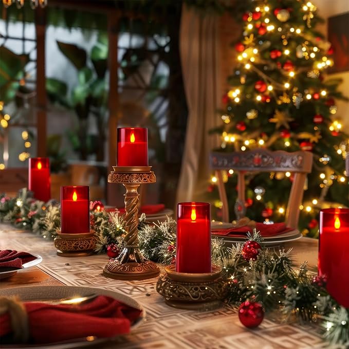 Homemory Christmas Red Flickering Flameless Candles, Battery Operated Acrylic LED Pillar Candles with Remote Control and Timer, Set of 5