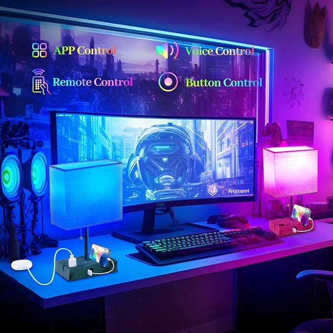 Smart RGB Dimmable Table Lamp Work with Alexa&APP&Remote Control, Bedside Desk Lamp with Charging Ports&Outlet&Phone Stand, Music Sync Nightstand Lamp for Bedroom Living Room Office Dorm, Wooden Base