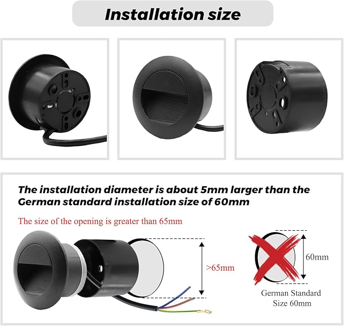 3W Recessed Wall Light, Round Stair Lights, Warm White Wall Light with Recessed Box, 230 V 65 mm Wall Lighting Aluminium Waterproof Staircase Recessed Step, Black (Pack of 4)