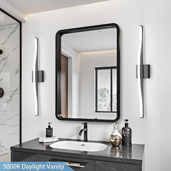 Modern Bathroom Vanity Light 32 inch, Curved, Dimmable 5CCT Led Bathroom Light Fixture Over Mirror, Black Bar Vanity Light for Bathroom Mirror Cabinets-ETL Certificated Modern LED Vanity Makeup Lights