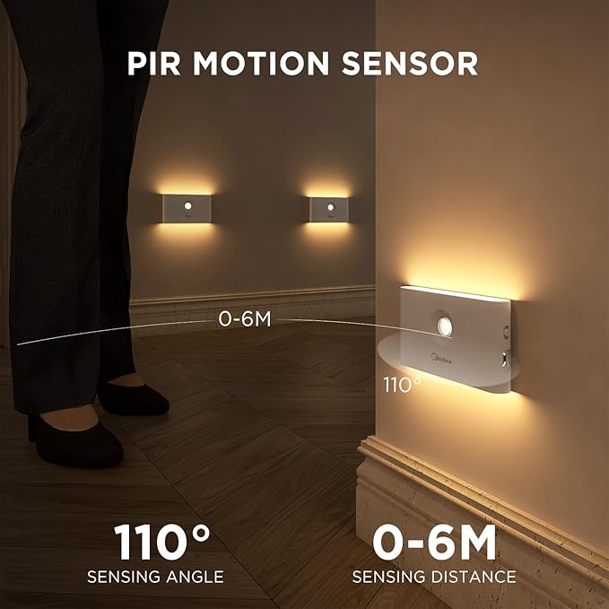 Midea 2 Pack Rechargeable Night Lights with Motion Sensor/Dusk to Dawn Sensor, Batteries Operated Night Light Stair Lights for Indoor/Bedroom/Bathroom/Kitchen/Hallway,Cordless Design with Magnetic