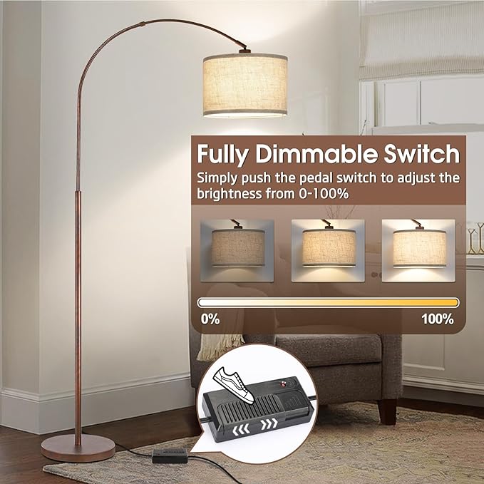 Dimmable Arc Floor Lamps for Living Room, Mid Century Floor Lamp, Antique Bronze Standing Lamp with Adjustable Hanging Shade, Tall Pole Lamp Reading Light for Bedroom, Over Couch, 9W LED Bulb Included