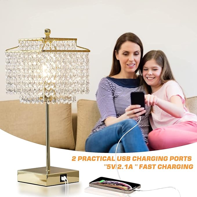 Luvkczc Set of 2 USB Bedside Crystal Table Lamp Gold, Touch Control Lamp, Dimmable Lamp with Crystal Shade for Bedroom, Living Room, 6W LED Bulb Included
