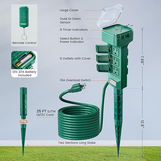 SURAIELEC Outdoor Power Stake Timer Waterproof, 100FT Wireless Remote Control, Dusk to Dawn Timer, 6 Grounded Plug Outlets, 25FT, Power Strip for Christmas Lights, Garden, Patio, Outdoor Light