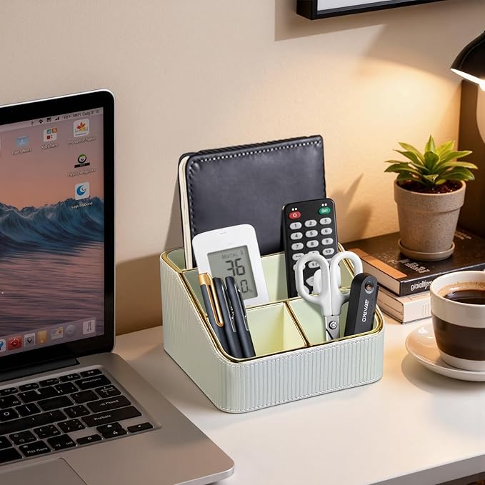 PU Leather Remote Control Holder with 4 Compartments, Small Desk Organizer Office Supply Bedside Caddy, All-in-One Small Bedside Remote Holder Nightstand Desktop Organizer