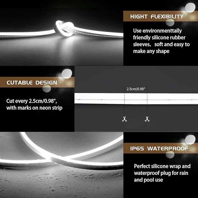 White Neon Led Strip Lights, 16.4ft/5m, 12V 6500K Cool White Flexible Silicone Led Strip Lights IP65 Waterproof Led Neon Rope Lights for Kitchen Bedroom Indoor Outdoor Decoration (No Adapter)