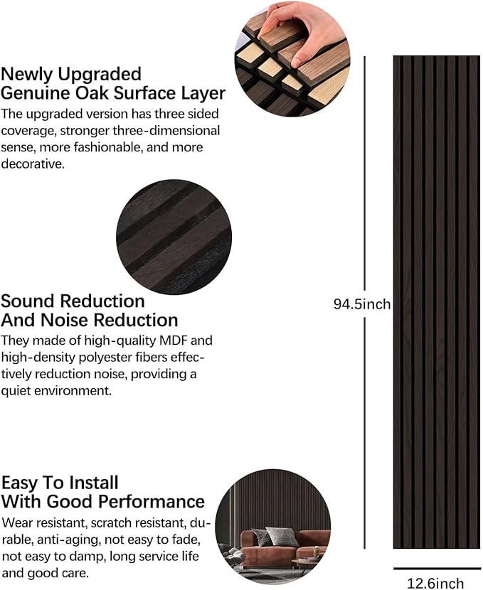 Wood Panels for Wall, Wood Slat Wall Panel - 2 Pack, Black Wood Slats for Wall, Natural Smoked Wood Veneer Accent Wall Panels, Acoustic Slat Wood Wall Panels - 12.6" W x 94.5" L