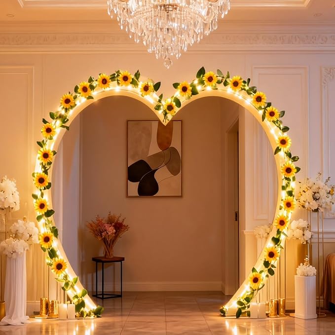GOESWELL Artificial Sunflower Garland with String Light: 7.2ft Fake SilkFlowers Vines with Green Leaves and Remote Control -Hanging Garland Decor for Wall Party Wedding Table CenterPieces Decoration