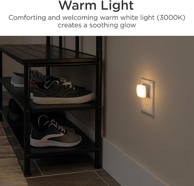Lights by Night Mini Square LED Night Light, Plug in, Dusk to Dawn Sensor, Warm 3000K, Compact Single Outlet Design (Doesn’t Block 2nd Outlet), Ambient Lighting, Bedroom, Bathroom, 2-Pack, 82488