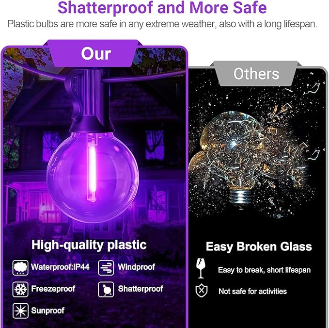 LAMPHOME G40 LED Outdoor Halloween String Lights, 2 Pack 26FT Patio Lights with 12+1 Edison Shatterproof Bulbs(1 Spare), Connectable Outside Lights for Backyard Porch Halloween Christmas Decor, Purple