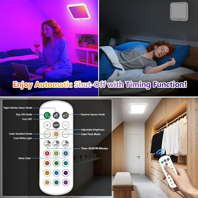 Rechargeable Motion Sensor Closet Light with Remote, Wireless Shower Lights for Inside Shower, Battery Powered Closet Light Magnetic, LED Shower Light No Wiring for Bathroom, Shower, Closet, Porch
