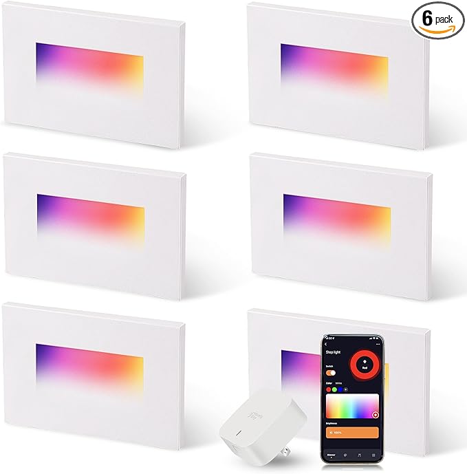 CLOUDY BAY 120V Indoor Outdoor Smart LED Step Lights, RGBCW Color Changing Stair Lights,3W 2700K-6500K,Hub Included,Compatible with Alexa and Google Home Assistant, 6 Pack