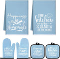 Sratte 6 Pcs Kitchen Decor Accessories Set Farmhouse Towels Pot Holders Oven Mitts Set 2 Dish Towels 2 Potholders 2 Cooking Mittens Oven Glove for Christmas Baking Cooking Supply(Light Blue,Kitchen)