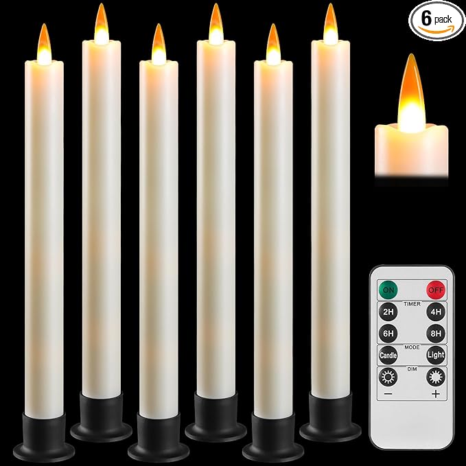 Da by 6 Flameless Window Candles with Remote Controller & Timer, LED Cone Stick Candle, Free 6 Black Bases, 9.6 Inch Battery Powered Christmas Candles for Home, Party, Holidays, Christmas Decoration