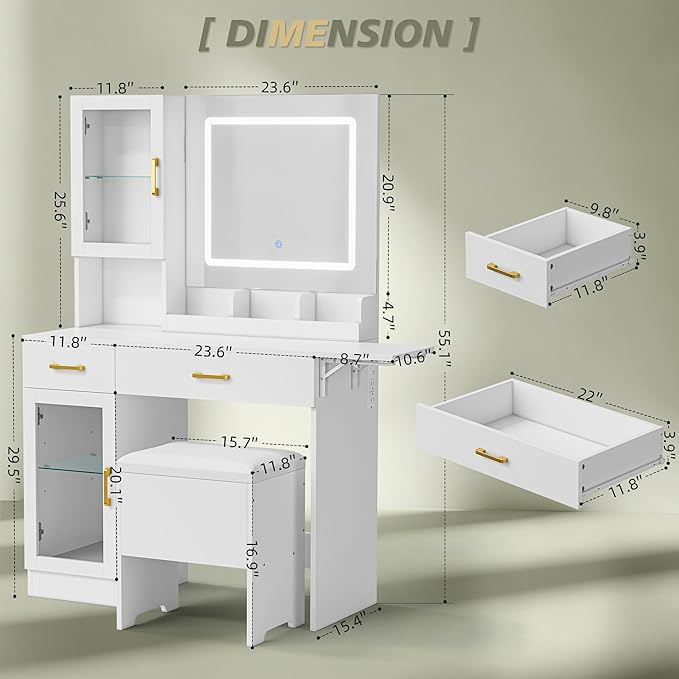 NUNU LAB Morden Makeup Vanity Desk with Mirror, Bedroom Dressing Table Set with Storage Shelf and 5 Drawers, Large Vanity Table with 10 LED Lights for Women, White with Extended Desktop