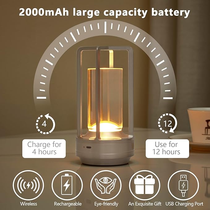 Small Table Lamp, Rechargeable Cordless Battery Operated LED Lamp, 3-Color Temperatures Dimmable Nightstand Lamp for Living Room, Bedroom, Outdoor Battery Powered Portable Touch Lamp (Silver)