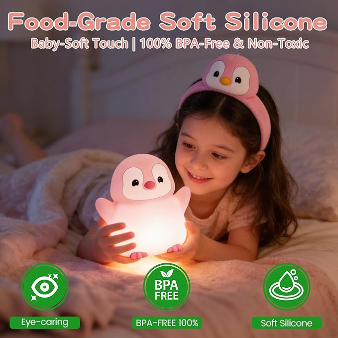 Penguin Night Light for Kids,Cute Pink Penguin Lamp,Soft Silicone Nursery Nightlight,LED Squishy Novelty Animal Bedside Lamp,Rechargeable/Dimmable/Timer,Room Deco,Christmas Gifts for Mom Girls Baby