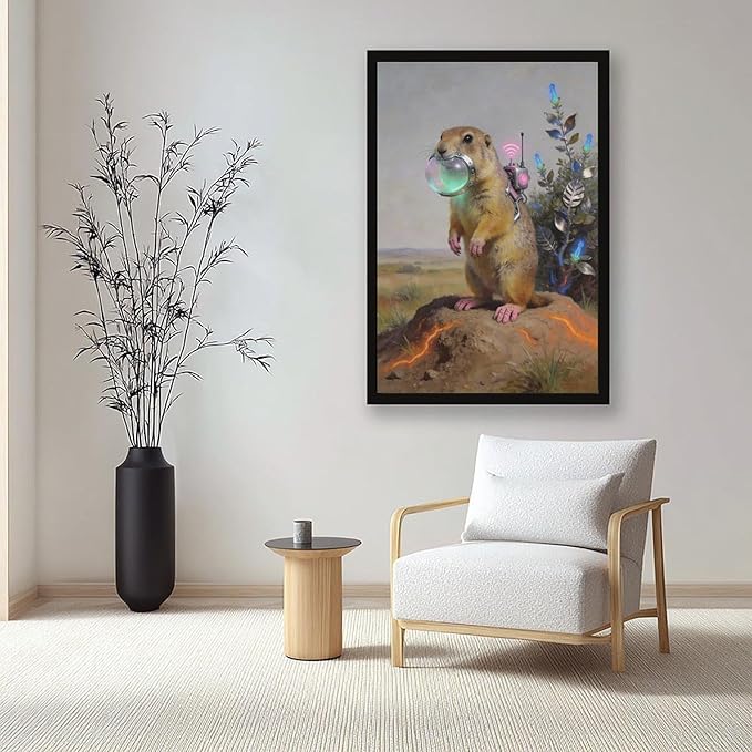 Framed Steampunk Mechanical Prairie Dog Wall Art - Retro-Futuristic Wilderness Poster for Living Room Game Room Decor 08x12in