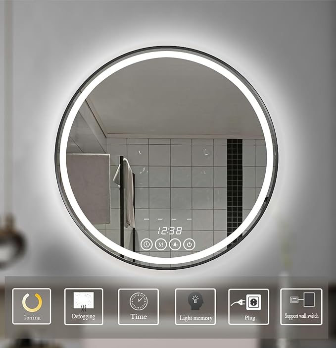 Wall-Mounted Round Bathroom Mirror with LED-Lights - Frame Vanity Mirrors (24" x 24", Black)