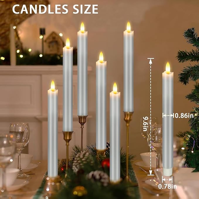 KSWING Upgraded Real Wax LED Flameless Grey Taper Candles with Remote, 6 PCS Candlesticks Battery Operated 3D Flickering - 9.6" Long Realistic Fake Candle Sticks for Home/Wedding/Fireplace Xmas Decor