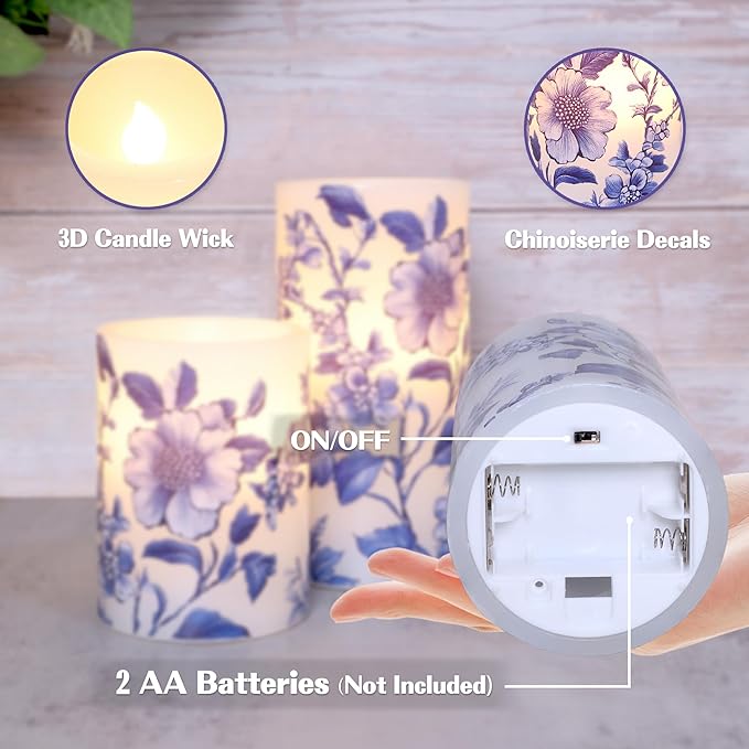 Crystal Club Chinoiserie Decor Flameless Candles Blue and White Porcelain Floral Battery Operated LED Pillar Candles with Remote & Timer Real Wax Candles Floral Decor for Home Wedding Centerpiece
