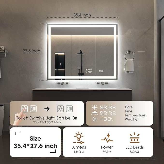 STARLEAD 28"x36" LED Bathroom Mirror with Built-in Clock, Dimmable Lighting, 3 Color Temperature, Anti-Fog, Touch Control Wall Mounted Vanity Mirror