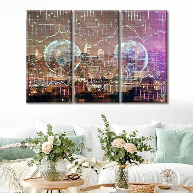 3 Panels Office Decor Forex Chart Drawings Over Cityscape Pictures Wall Art for Living Room Trading Graph on the Cityscape at Night Background Posters and Prints Framed Ready to Hang (36"Wx24"H)