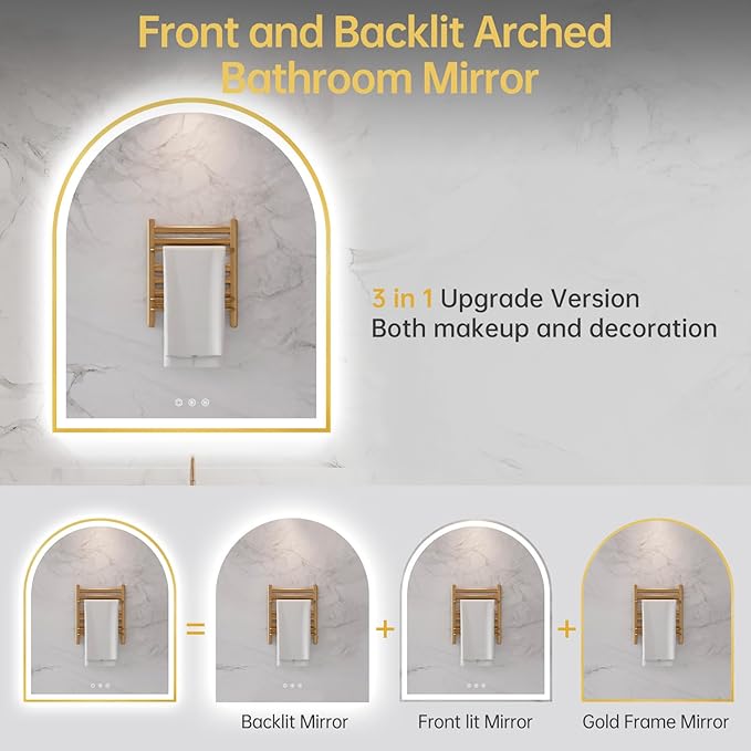 30"x36" Arched LED Mirror for Bathroom, Brushed Gold Lighted Bathroom Mirror with Lights, Fogless, Dimmable, Shatterproof, Touch Sensor, 3 Color Changing