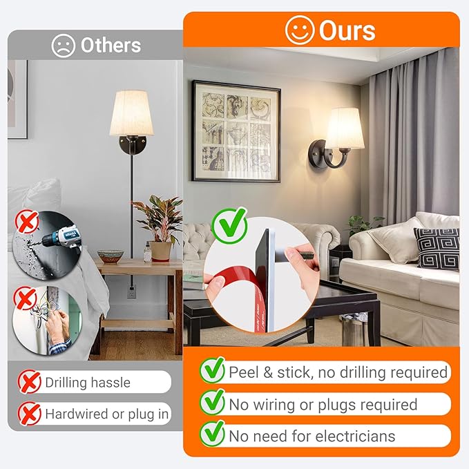 Peel and Stick Wall Sconces, No Drilling Stick On Wall Sconce, Wireless Battery Operated Wall Lights, Adhesive Wall Lamp with 10000mAh Battery Bulb for Bedroom Living Room Decor