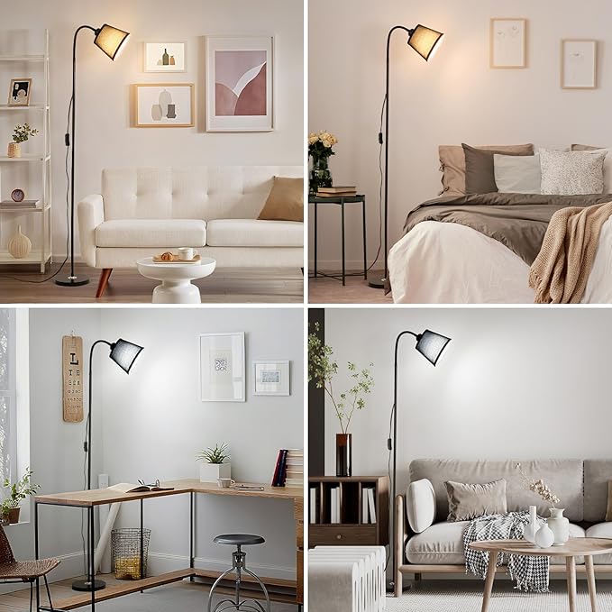 AoMck Floor Lamp, Industrial Metal Floor Lamps for Living Room with Adjustable Bendable 2 in 1 Reading Table Lamps for Living Room Bedroom Office (B+Black Shade)
