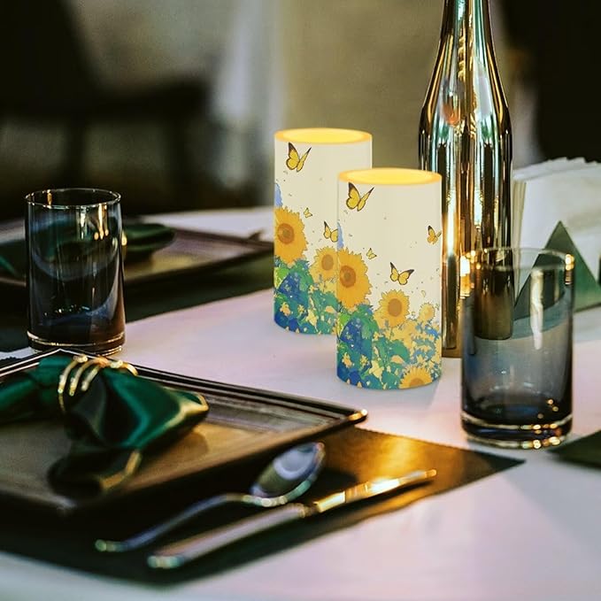 Sunflower Flameless Candles 2 Pack 6 x 3 inch Battery Operated Candles with Multicolor Timer Remote Control LED Fake Candles for Warm Light Dinner Table Home Decor