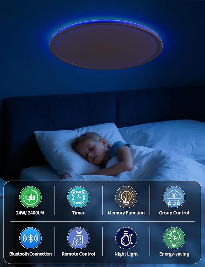 Smart Ceiling Light, RGB LED Flush Mount Ceiling Light with Remote，Ambient Lighting Fixture, 11 Inch 24W 2400LM 3000K-6500K, DIY Colors, Timer, White