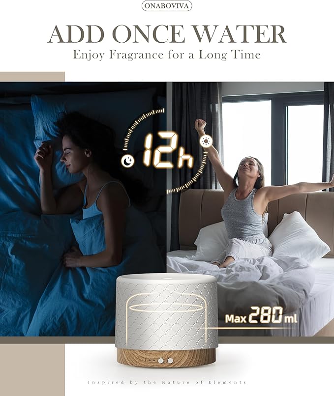 Essential Oil Diffuser -280ml Ceramic Diffuser for Large Room&Commercial Use, 2.4MHz Cool Mist Humidifier & Independent Decorative Light & Aromatherapy Diffuser, Pulse&Continuous Mist, Timer, Auto-Off