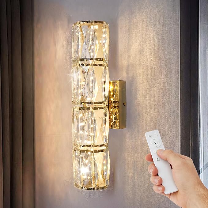 Gold Crystal Wall Sconces, Modern LED Crystal Wall Light Fixtures with Remote, Luxury Vanity Wall Lamp Indoor for Bedroom Living Room Hallway Stairway Bedside, 3000K-6000K Dimmable