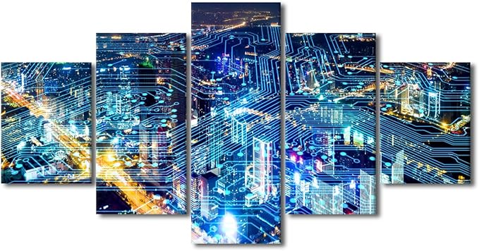 Wall Art Modern Cityscape Picture Internet Companies Decoration Poster 5 Panel Smart City Decor Men Home Office Wall Decor Native Americans Living Room Canvas Art Stretched Ready to Hang 60x32 Inch