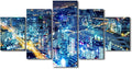 Wall Art Modern Cityscape Picture Internet Companies Decoration Poster 5 Panel Smart City Decor Men Home Office Wall Decor Native Americans Living Room Canvas Art Stretched Ready to Hang 60x32 Inch