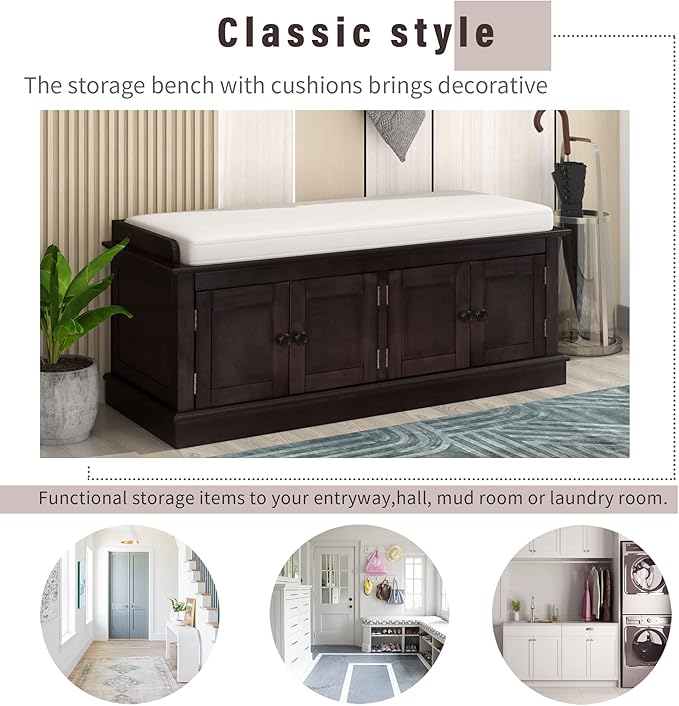 Merax Farmhouse Solid WOD Entryway Shoe Bench with Seat Cushion Multifunctional Storage Cabinet for Hallway Living Room Bedroom Espresso