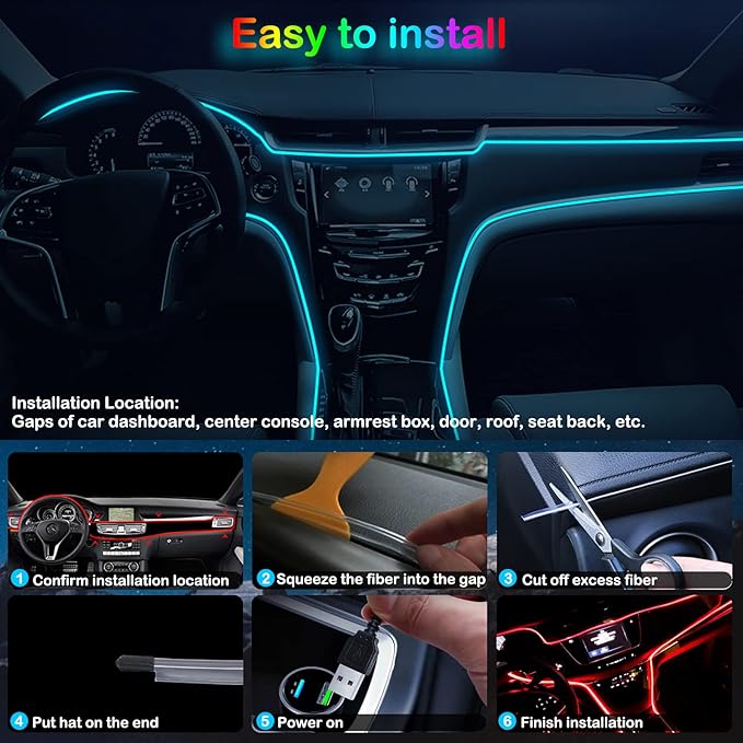 Interior Car LED Strip Lights, RGB USB Car Ambient Lighting, Car Accessories Fiber Optifc Lights Sync to Music (1 LED/118 inches)