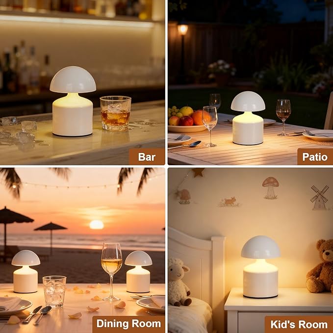 Modern Cordless Mushroom Small Table Lamp Touch LED Lamps, 3-Way Dimmable Bedside Nightstand Lamp Mini Rechargeable Night Light for Bedroom, Living Room (White)
