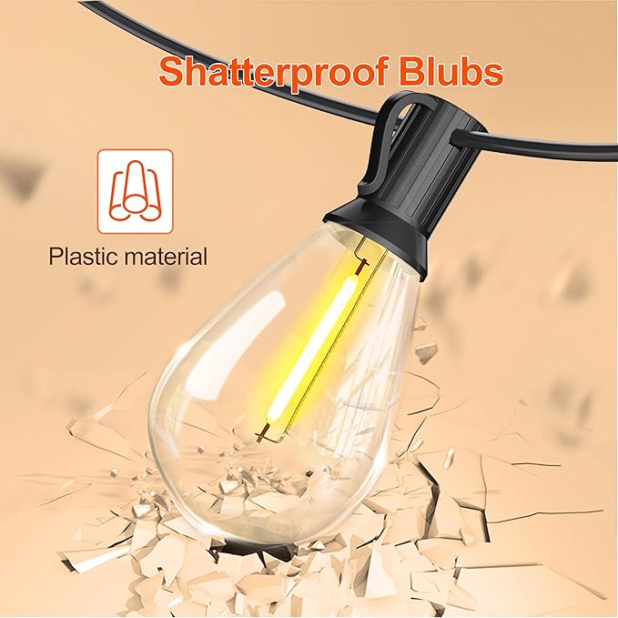 60FT Solar String Lights Outdoor Waterproof with Remote Control Solar Patio Lights 15+2 shatterproof LED Bulbs for Porch Garden Market Bistro Patio Backyard Fence