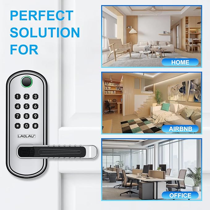 B04 Fingerprint Electronic Door Lock with Keypad and Handle – Keyless Entry Smart Door Lock, Remote APP Control, Code Unlock, Silver, Smart Locks for Front Door, Home, Office Use