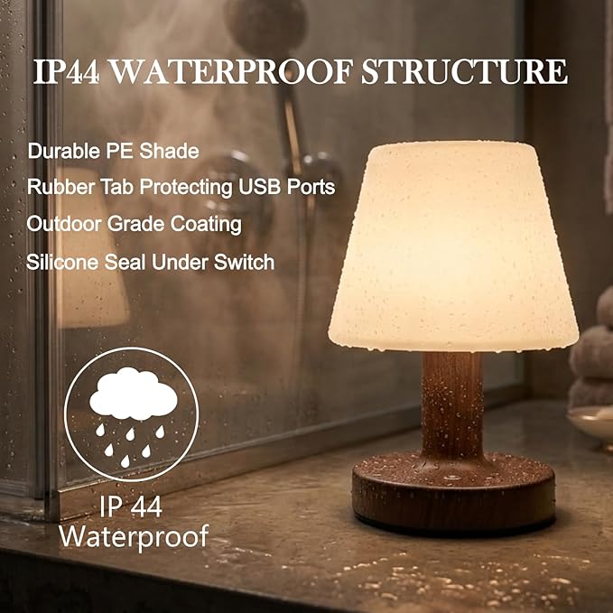 Cordless Table Lamp, Rechargeable Table Lamp, Waterproof Shower Lamp, 5200mAh Small Table Lamps, 3-Color Dimmable Touch Light, Portable Outdoor and indoor table lamp, Bedside night light (Dark Wood)